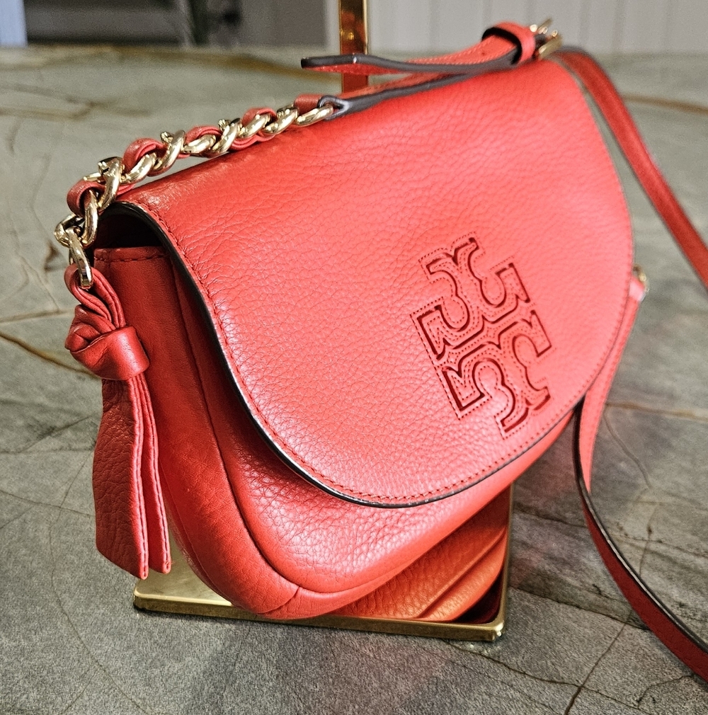 Tory Burch Red Leather Crossbody Saddle Bag with Tassel